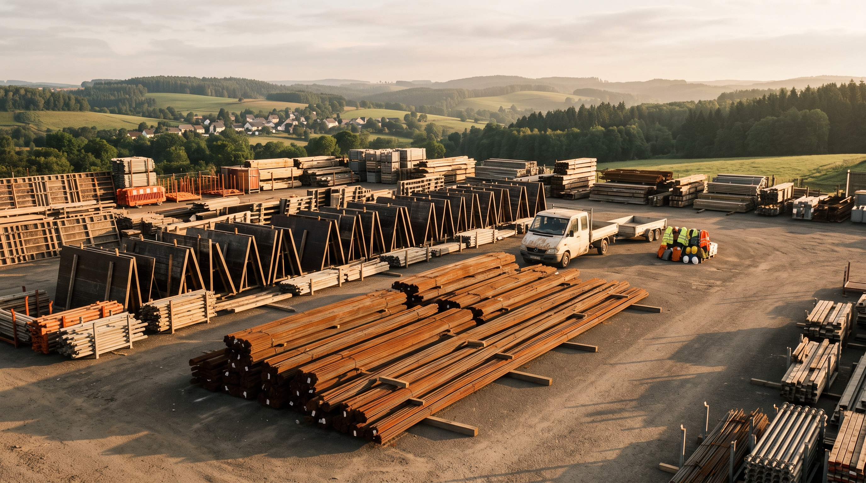 Cour de stockage de matériaux de chantier au lever du jour, ferraillage et coffrages rangés