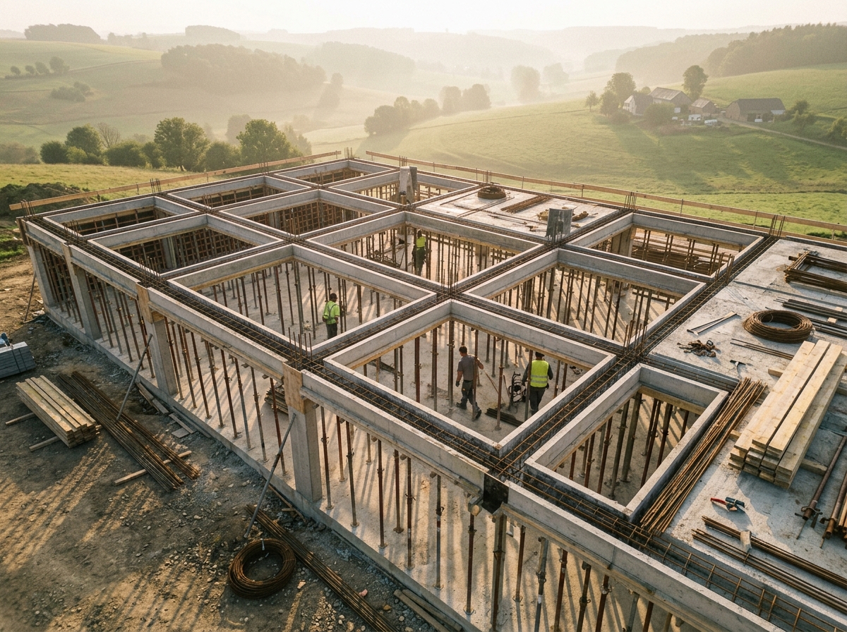 Détail d'une dalle béton avec armatures apparentes lors d'une reprise de structure