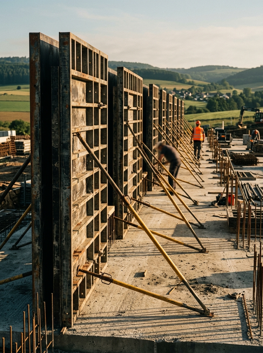 Banches métalliques alignées sur une dalle