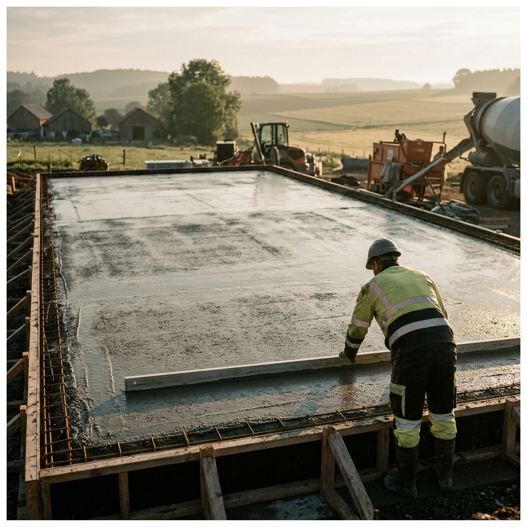 Dalle de béton fraîchement coulée, lissage à la règle