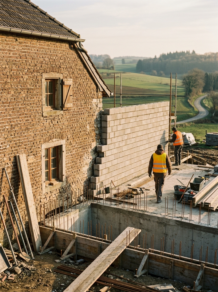 Extension en cours de construction contre une façade existante en briques