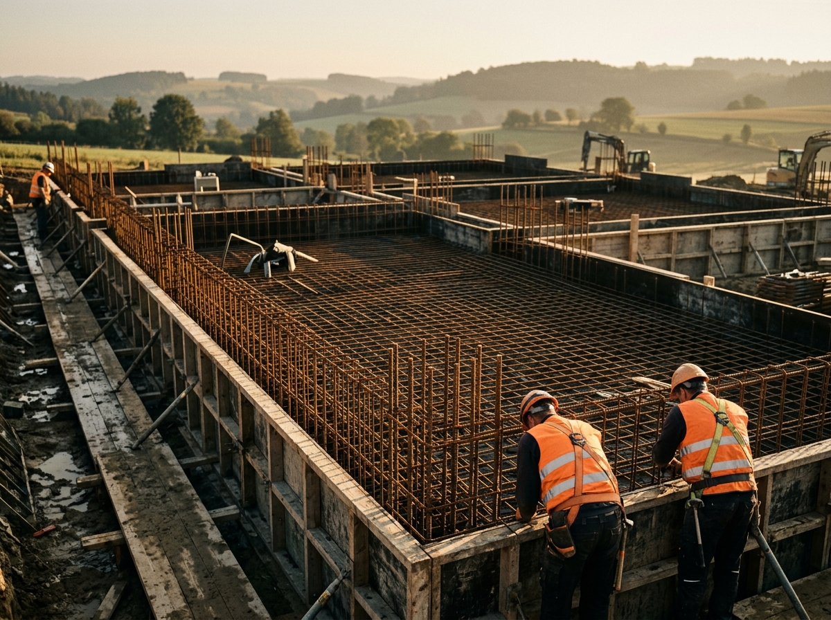 Treillis de ferraillage dans un coffrage de fondation