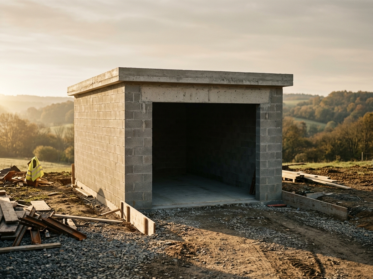 Garage en blocs de béton récemment achevé