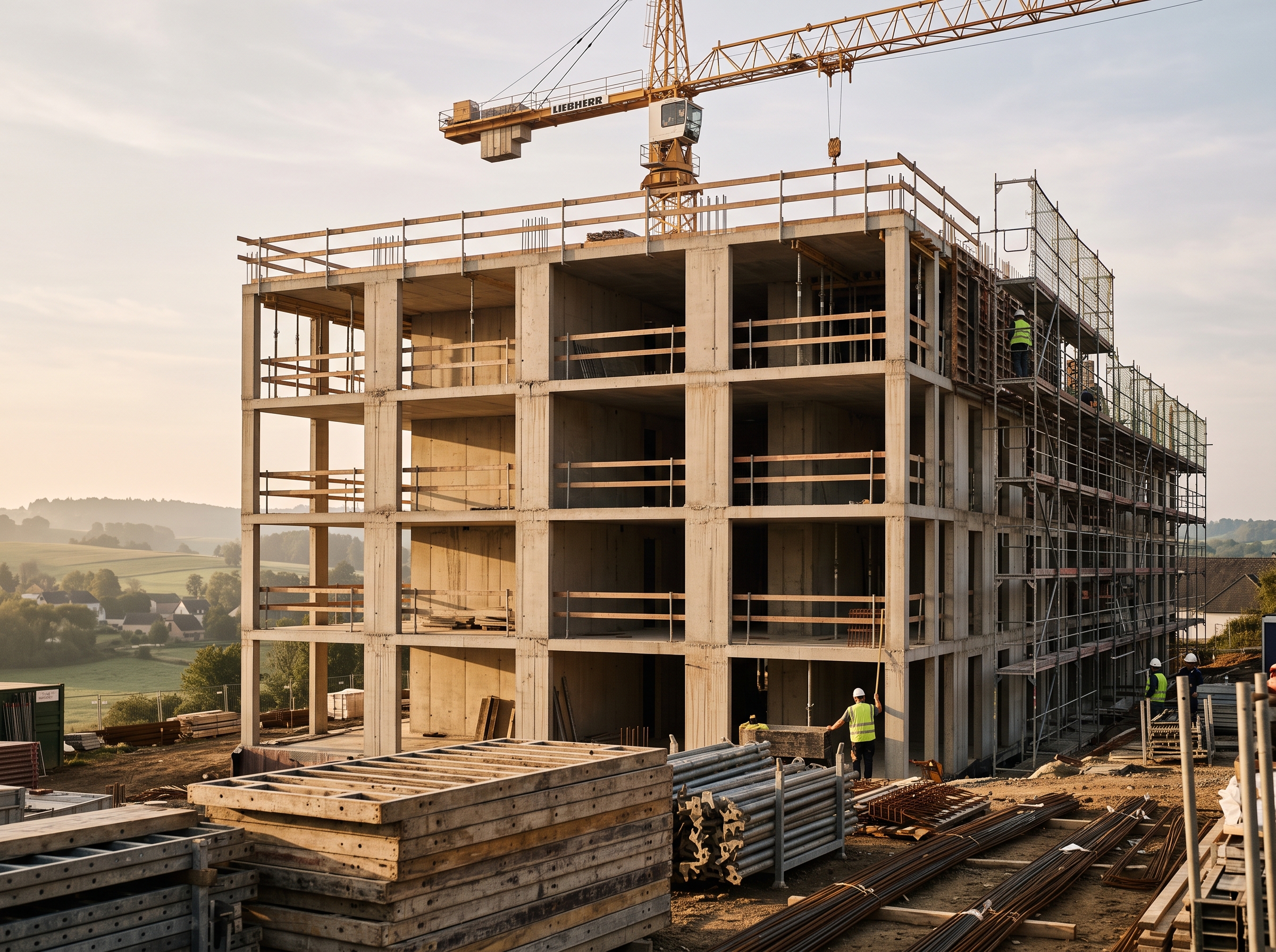 Immeuble résidentiel R+4 en structure béton, grue en fond