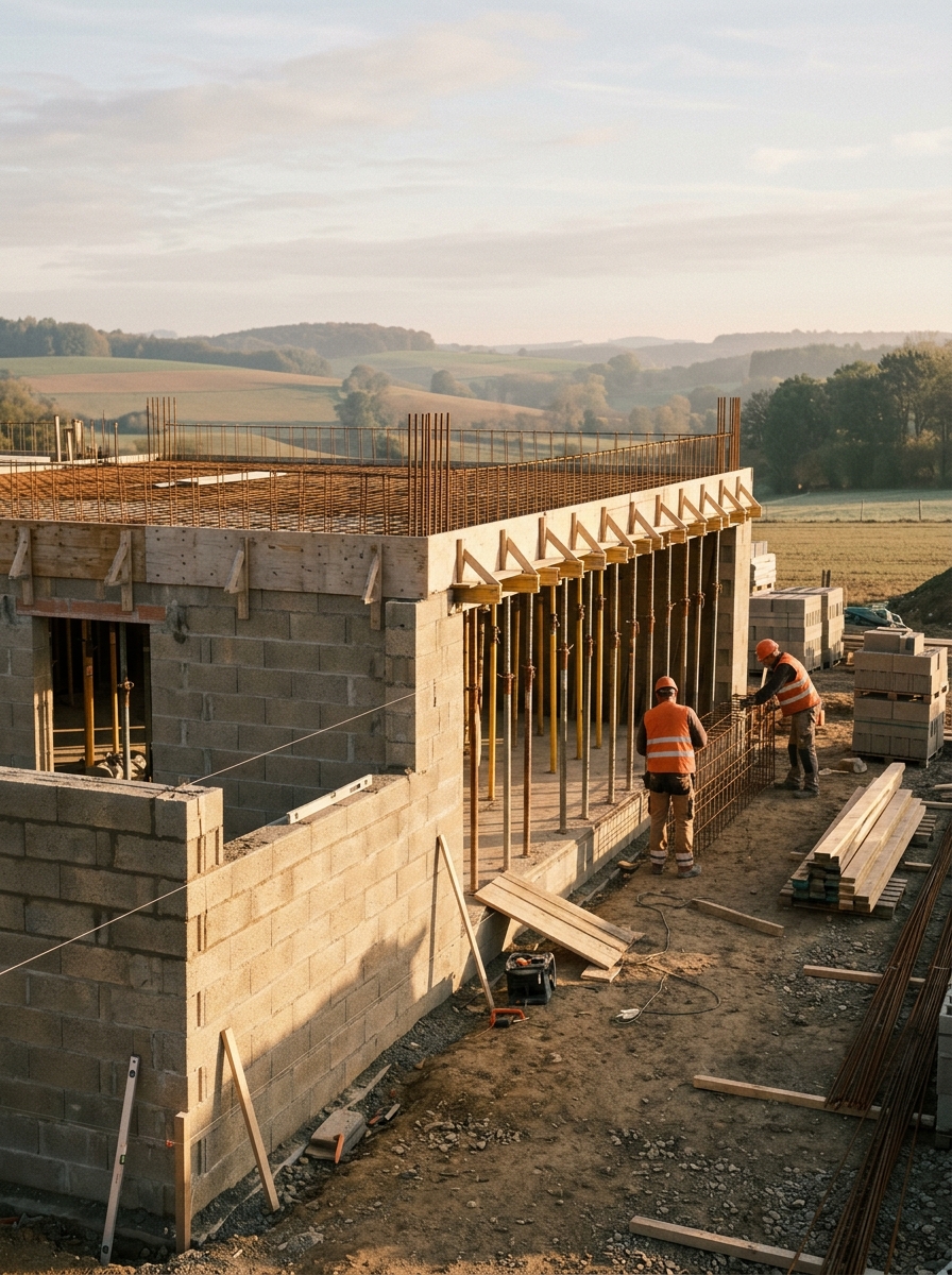 Maison unifamiliale en cours d'élévation, maçonnerie de blocs