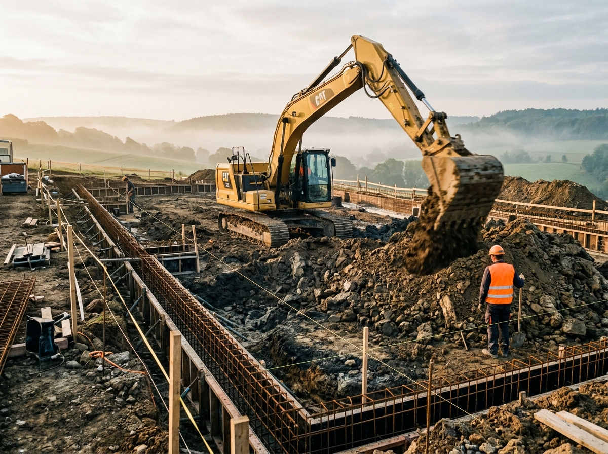 Excavatrice sur un terrain en terrassement avant fondations