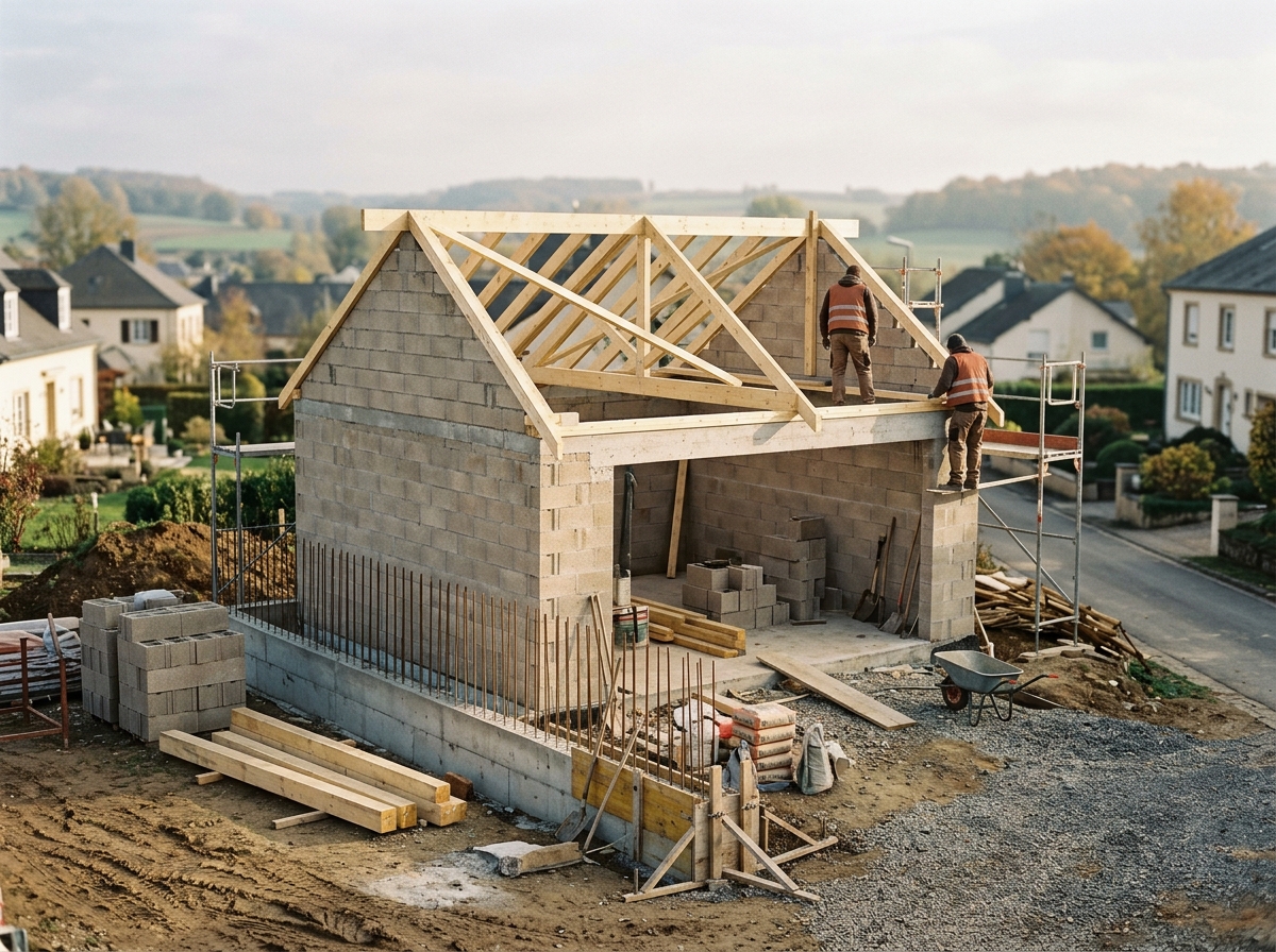 Garage individuel maçonné en blocs béton avec dalle coulée et charpente de toiture