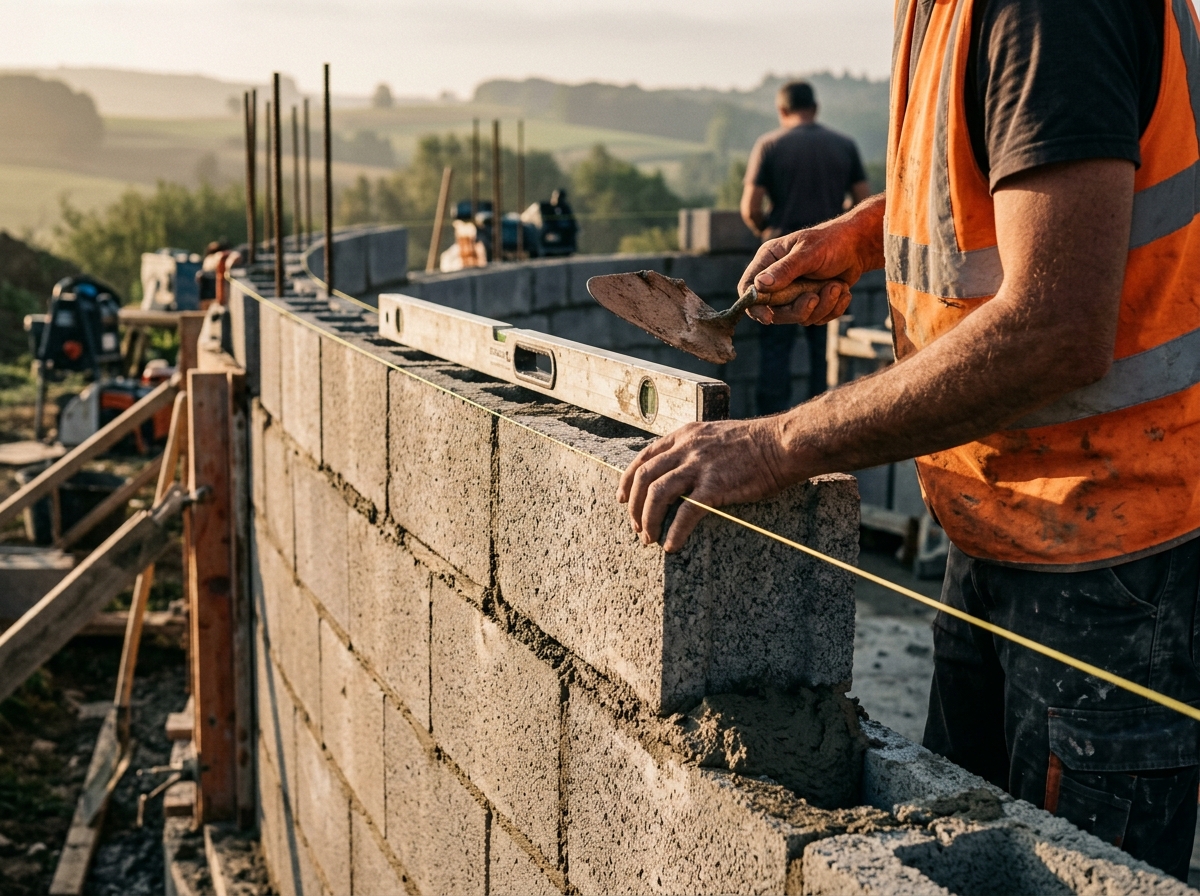 Maçon montant un mur en blocs béton au mortier avec niveau et fil de maçon